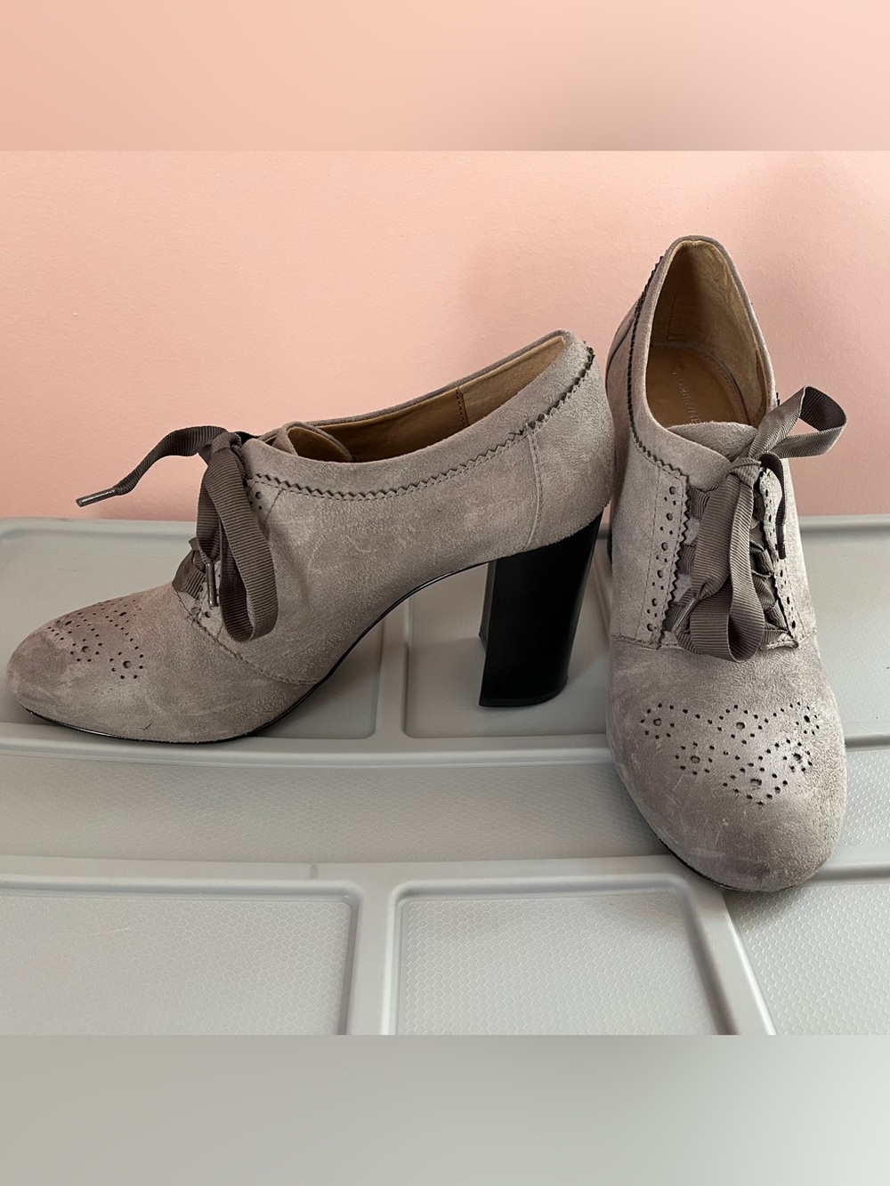 Adrienne Vittadini Taupe Suede Lace-Up Block Heel Oxfords